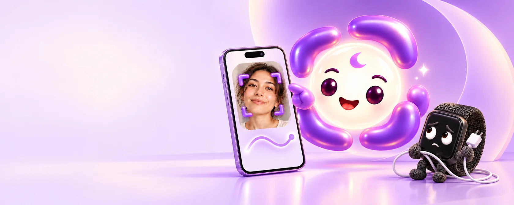A phone scanning a woman's face, next to a smiling moon mascot and an unplugged smartwatch