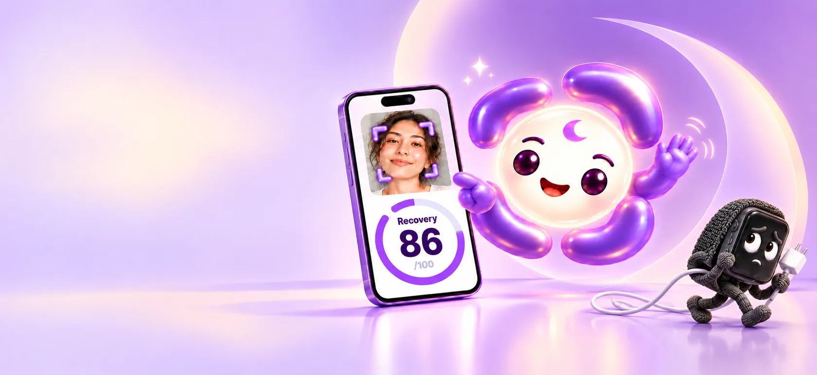 moonScan's glossy lilac mascot beside a phone showing a face scan and an example recovery score, waving off a wearable that walks away carrying its charger. An illustration, not user evidence.